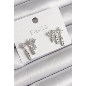 BFS Pirinç Gümüş Renk Zirkon Taşlı 3Lü Sallantı Yıldız Model Kadın Küpe