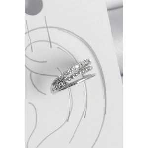 BFS Pirinç Gümüş Renk Zirkon Taşlı 3Lü Sıralı Model Kadın Kıkırdak Küpe