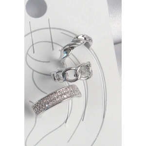 BFS Pirinç Gümüş Renk Zirkon Taşlı 3Lü Zincir Sarmal Model Kadın Kıkırdak Küpe