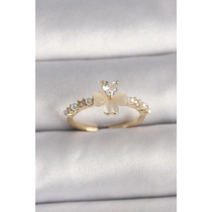 BFS Pirinç Gümüş Renk Zirkon Taşlı Beyaz Mineli Yonca Model İnci Detay Ayarlanabilir Yüzük