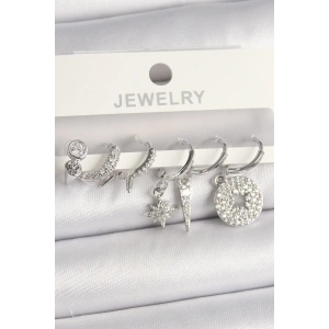 BFS Pirinç Gümüş Renk Zirkon Taşlı Çoklu Figür Kadın Küpe Seti