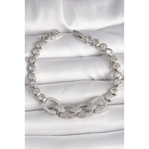 BFS Pirinç Gümüş Renk Zirkon Taşlı Daire Zincir Model Kadın Bileklik