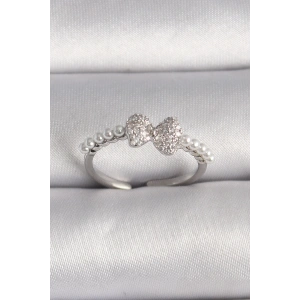 BFS Pirinç Gümüş Renk Zirkon Taşlı Fiyonk İnci Detay Ayarlanabilir Yüzük