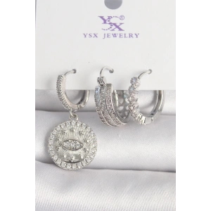 BFS Pirinç Gümüş Renk Zirkon Taşlı Göz İşlemeli Halka Model 3Lü Kadın Kombin Küpe