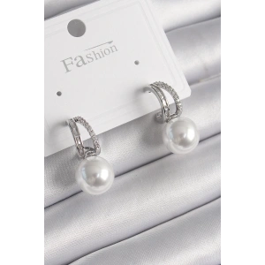 BFS Pirinç Gümüş Renk Zirkon Taşlı Halka İnci Detay Kadın Küpe