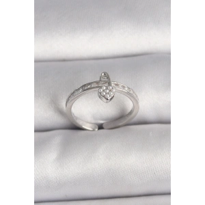 BFS Pirinç Gümüş Renk Zirkon Taşlı İnci Detaylı Kilit Kalp Model Ayarlanabilir Yüzük