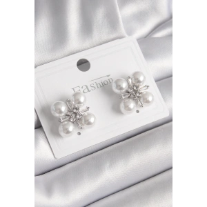 BFS Pirinç Gümüş Renk Zirkon Taşlı İncili Kadın Küpe