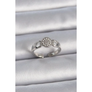 BFS Pirinç Gümüş Renk Zirkon Taşlı İncili Kalp İşleme Detay Ayarlanabilir Model Kadın Yüzük