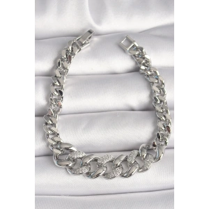 BFS Pirinç Gümüş Renk Zirkon Taşlı Kalın Halka Model Kadın Bileklik