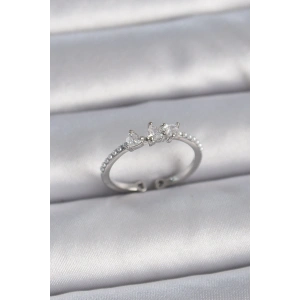 BFS Pirinç Gümüş Renk Zirkon Taşlı Kalp İnci Detay Ayarlanabilir Model Kadın Yüzük