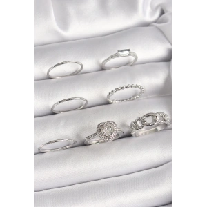 BFS Pirinç Gümüş Renk Zirkon Taşlı Kalp Model Kadın Yüzük Kombini