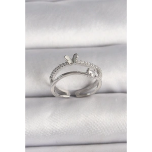 BFS Pirinç Gümüş Renk Zirkon Taşlı Kelebek Figürlü Ayarlanabilir Yüzük