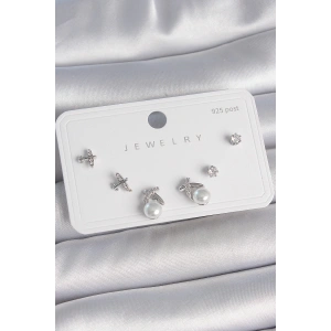 BFS Pirinç Gümüş Renk Zirkon Taşlı Kelebek Model İnci Detay 925 Ayar Gümüş Çivi Kadın Küpe Seti