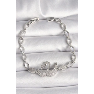 BFS Pirinç Gümüş Renk Zirkon Taşlı Kuğu Figür Damla Zincir Model Kadın Bileklik