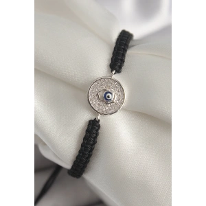 BFS Pirinç Gümüş Renk Zirkon Taşlı Nazar Boncuk İşleme Makrome Asansörlü Model Kadın Bileklik