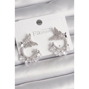 BFS Pirinç Gümüş Renk Zirkon Taşlı Sallantı Detay Kelebek Model Kadın Küpe