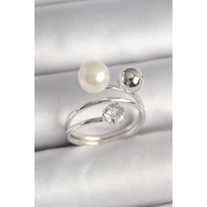 BFS Pirinç Gümüş Renk Zirkon Taşlı Toplu İnci Model Kadın Yüzük