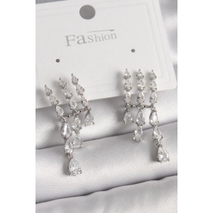 BFS Pirinç Gümüş Renk Zirkon Taşlı Yağmur Model Kadın Küpe