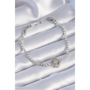 BFS Pirinç Gümüş Renk Zirkon Taşlı Yonca Model Kadın Bileklik