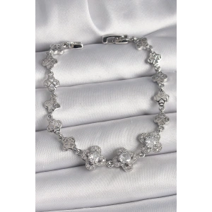 Mey İthalat® Pirinç Gümüş Renk Zirkon Taşlı Yonca Model Kadın Bileklik