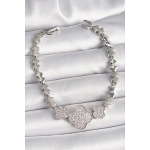 BFS Pirinç Gümüş Renk Zirkon Taşlı Yonca Model Zincir Model Kadın Bileklik