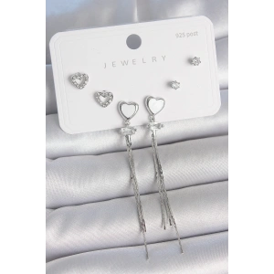 BFS Pirinç Gümüş Sallantı Beyaz Mineli Kalp Model Zirkon Taşlı Kalp Detay 925 Ayar Gümüş Çivi Kadın Küpe Seti