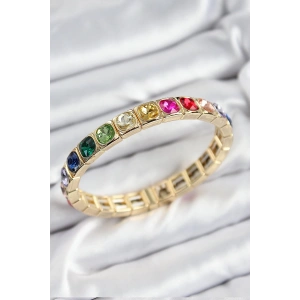 Mey İthalat® Pirinç Karışık Zirkon Taşlı Kare Model Gold Renk Lastikli Kadın Bileklik