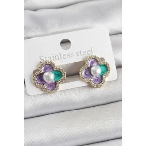 BFS Pirinç Mor Mineli İnci Detaylı Zirkon Taşlı Sanatsal Portre Yonca Model Gold Renk Kadın Küpe