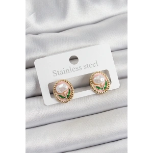 BFS Pirinç Pembe Mineli Lale Figürlü Sanatsal Portre Model Gold Renk Kadın Küpe