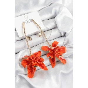 BFS Pirinç Sallantılı Kırmızı Çiçek Model Gold Renk Kadın Küpe