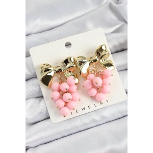 BFS Pirinç Sallantılı Pembe Boncuklu Fiyonk Vintage Model Gold Renk Kadın Küpe