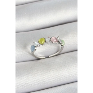 BFS Pirinç Sıralı Kalp Figürlü Zirkon Taşlı Gümüş Renk Ayarlanabilir Kadın Yüzük