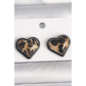 BFS Pirinç Siyah Renk Leopar Desen 3D Kalp Model Kadın Küpe