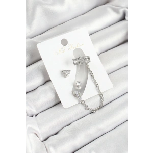 BFS Pirinç Üçgen Figürlü Zirkon Taşlı Gümüş Renk 3lü Kıkırdak Kadın Küpe Set