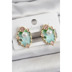 BFS Pirinç Yeşil Mineli İnci Detaylı Sanatsal Portre Model Gold Renk Kadın Küpe