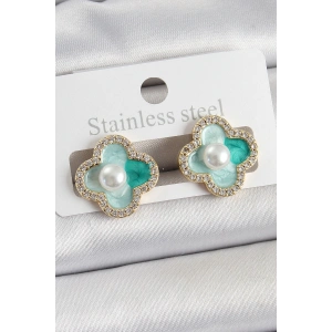 BFS Pirinç Yeşil Mineli İnci Detaylı Zirkon Taşlı Sanatsal Portre Yonca Model Gold Renk Kadın Küpe