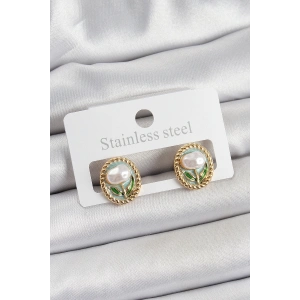 BFS Pirinç Yeşil Mineli Lale Figürlü Sanatsal Portre Model Gold Renk Kadın Küpe