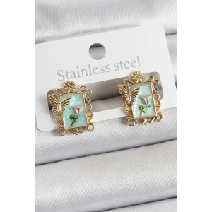 BFS Pirinç Yeşil Mineli Sanatsal Portre Model Gold Renk Kadın Küpe