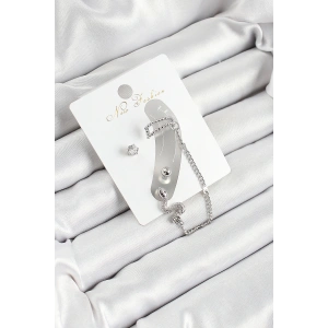 BFS Pirinç Yılan Figürlü Zirkon Taşlı Gümüş Renk 3lü Kıkırdak Kadın Küpe Set