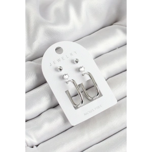 BFS Pirinç Zirkon Taş Ve Dikdörtgen Figürlü Gümüş Renk 3lü Çift Kadın Küpe Set