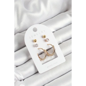 BFS Pirinç Zirkon Taş Ve Halka Figürlü Gold Renk 3lü Çift Kadın Küpe Set