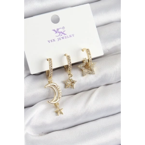 BFS Pirinç Zİrkon Taşlı Ay Ve Hilal Model Gold Renk 3lü Kadın Küpe