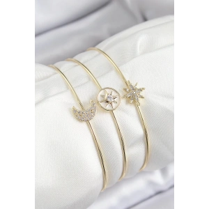 BFS Pirinç Zirkon Taşlı Ay Ve Kutup Yıldızı Model Gold Renk Vip 3lü Kadın Bileklik