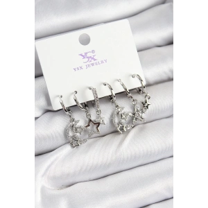 BFS Pirinç Zİrkon Taşlı Ay ve Yıldız Model Gümüş Renk 3lü Çift Kadın Küpe