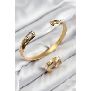 Mey İthalat® Pirinç Zirkon Taşlı Ayrık Model Gold Renk Bileklik Yüzük Set