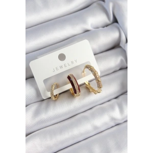 BFS Pirinç Zirkon Taşlı Bordo Halka Model Gold Renk 3lü Çift Kadın Küpe Set