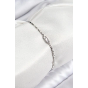 Mey İthalat® Pirinç Zirkon Taşlı Dikdörtgen Model Ezme Zincir Gümüş Renk Kadın Bileklik