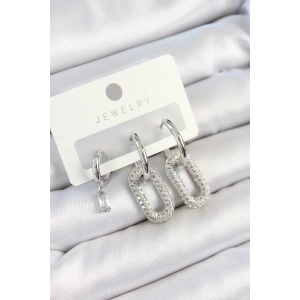 BFS Pirinç Zirkon Taşlı Dikdörtgen Model Gümüş Renk 3lü Çift Kadın Küpe Set