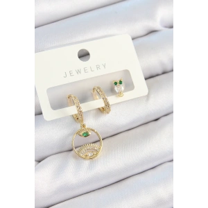 BFS Pirinç Zirkon Taşlı Göz Ve Baykuş Model Gold Renk 3lü Çift Kadın Küpe Set