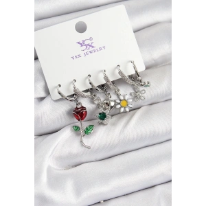 BFS Pirinç Zİrkon Taşlı Gül Ve Papatya Model Gümüş Renk 3lü Çift Kadın Küpe